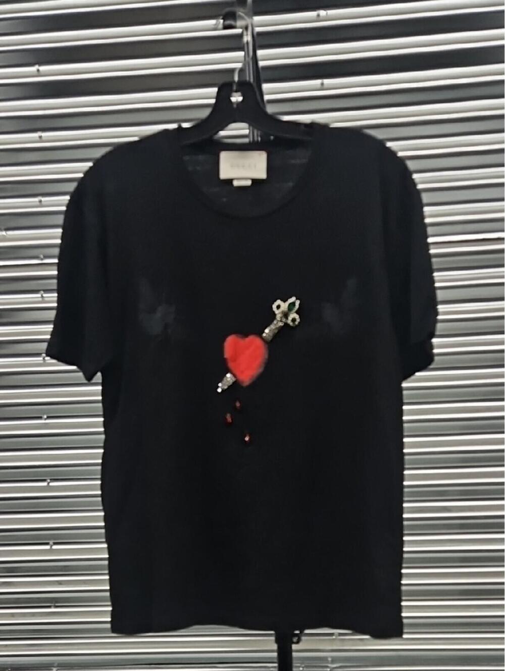 Gucci Black Short Sleeve Tee with Red Heart and Embellished Dagger